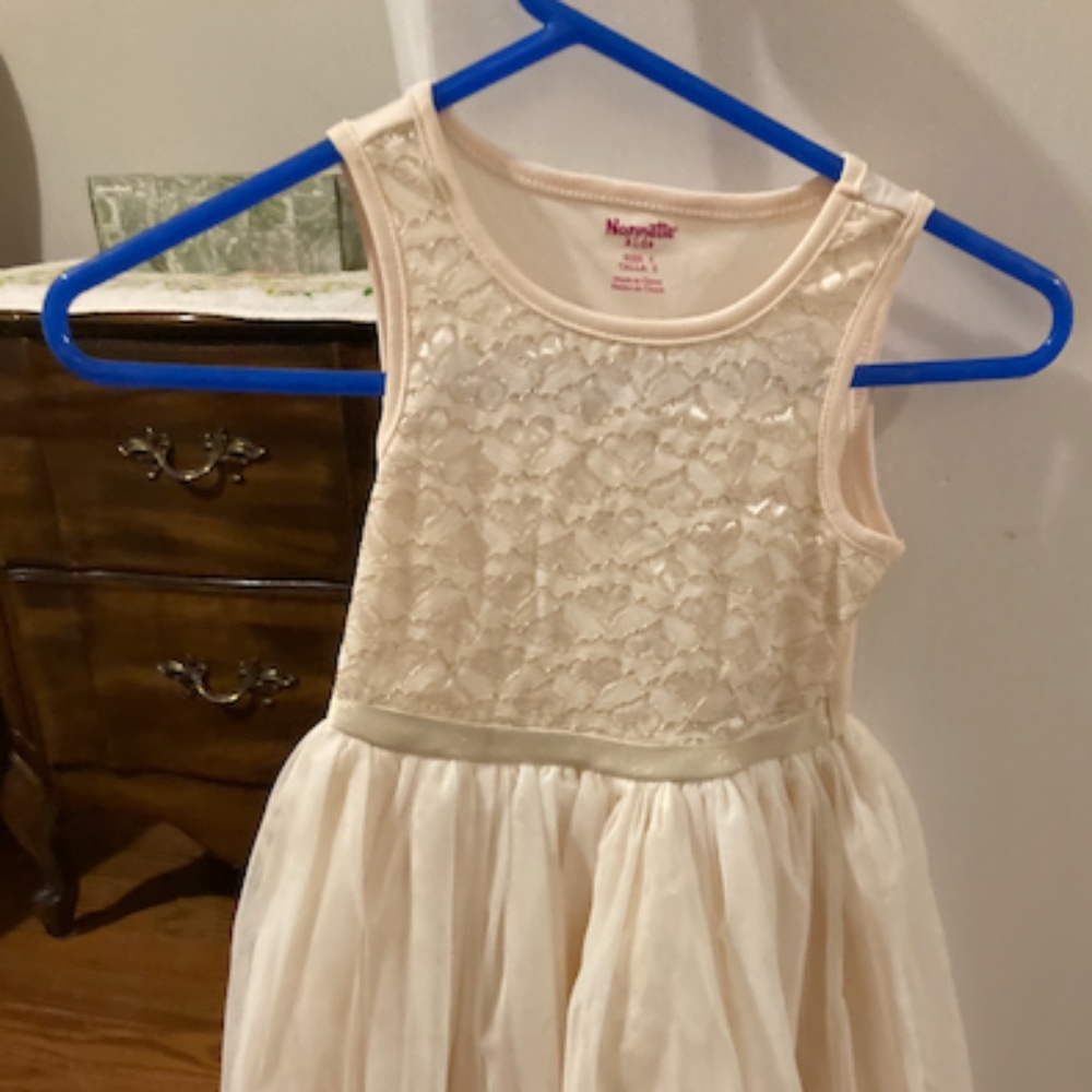 Girls size 5 party dress, ivory and gold with tulle